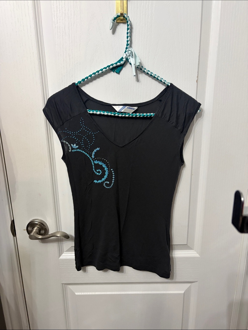 adidas Black V-Neck Short Sleeve Tee with Teal Stud Accents